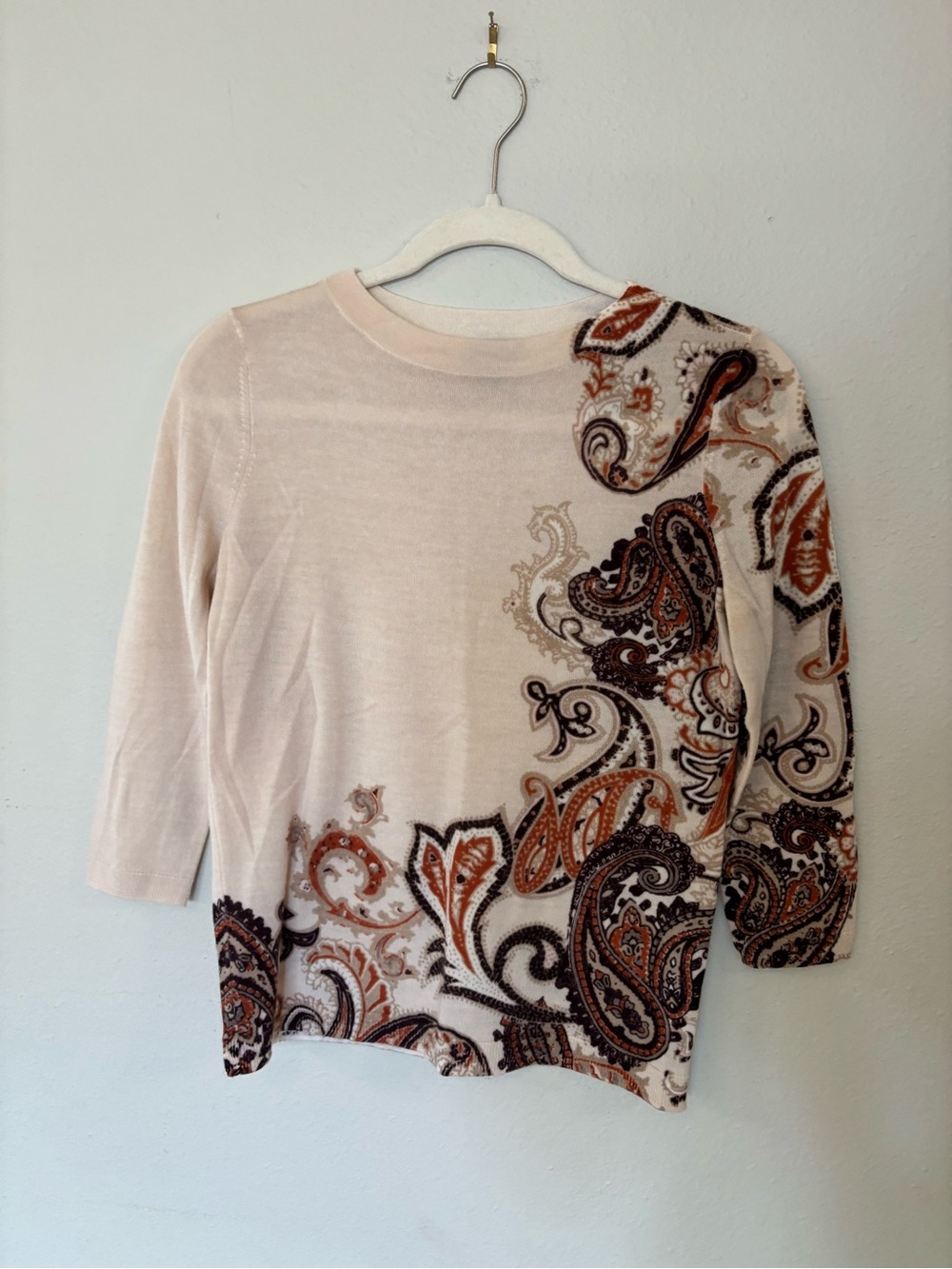 Talbots Cream Paisley Crewneck Top with Brown and Rust Accents